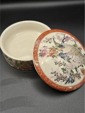 Vintage Japanese Satsuma Moriage Peacock Floral Lidded Trinket Box Gilt 1930/50